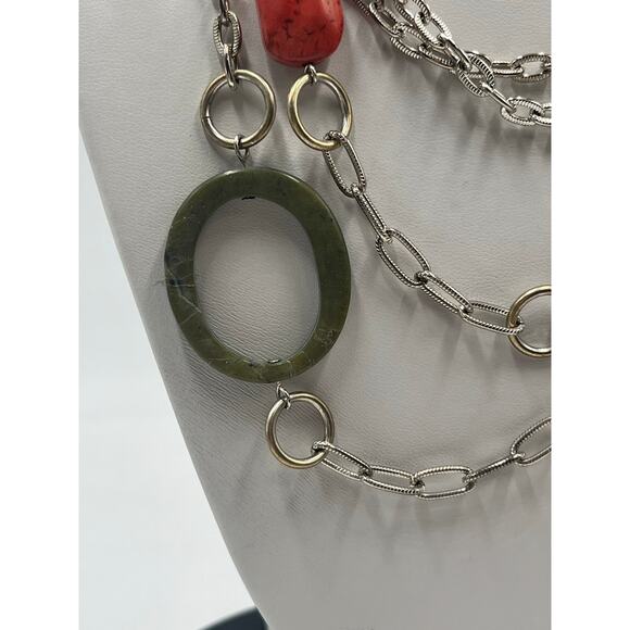 Emily Ray Boho Double Strand Stone Mixed Metal Chains Jade Green Coral Necklace - Picture 10 of 13